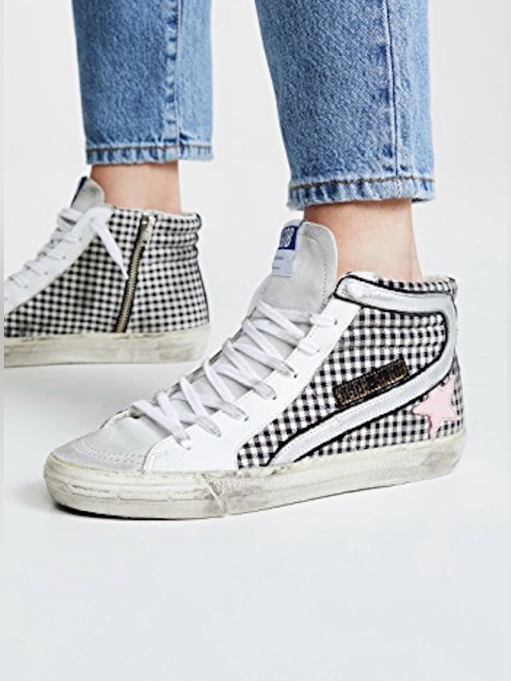 Golden Goose Gingham High-Top Sneakers with Pink Star